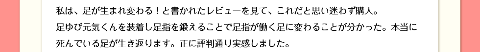 私は、足が生まれ変わる！と書かれたレビューを見て、これだと思い迷わず購入。足ゆび元気くんを装着し足指を鍛えることで足指が働く足に変わることが分かった。本当に死んでいる足が生き返ります。正に評判通り実感しました。