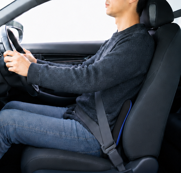 ドクターエルCCを車のシートに立てて腰当てとして使用する様子