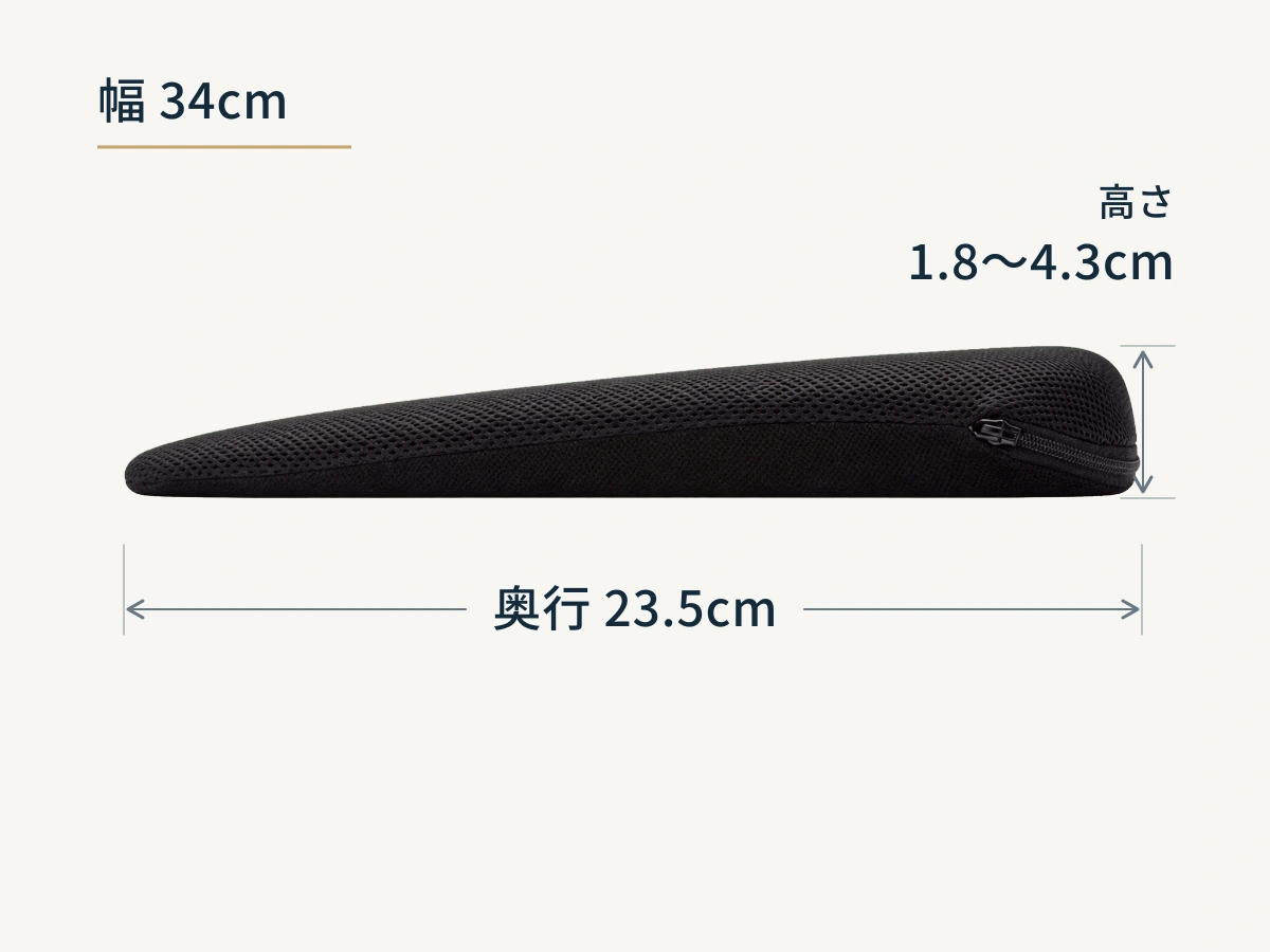 ドクターエルminiの幅34cm、奥行23.5cm、高さ1.8から4.3cmを示す寸法図