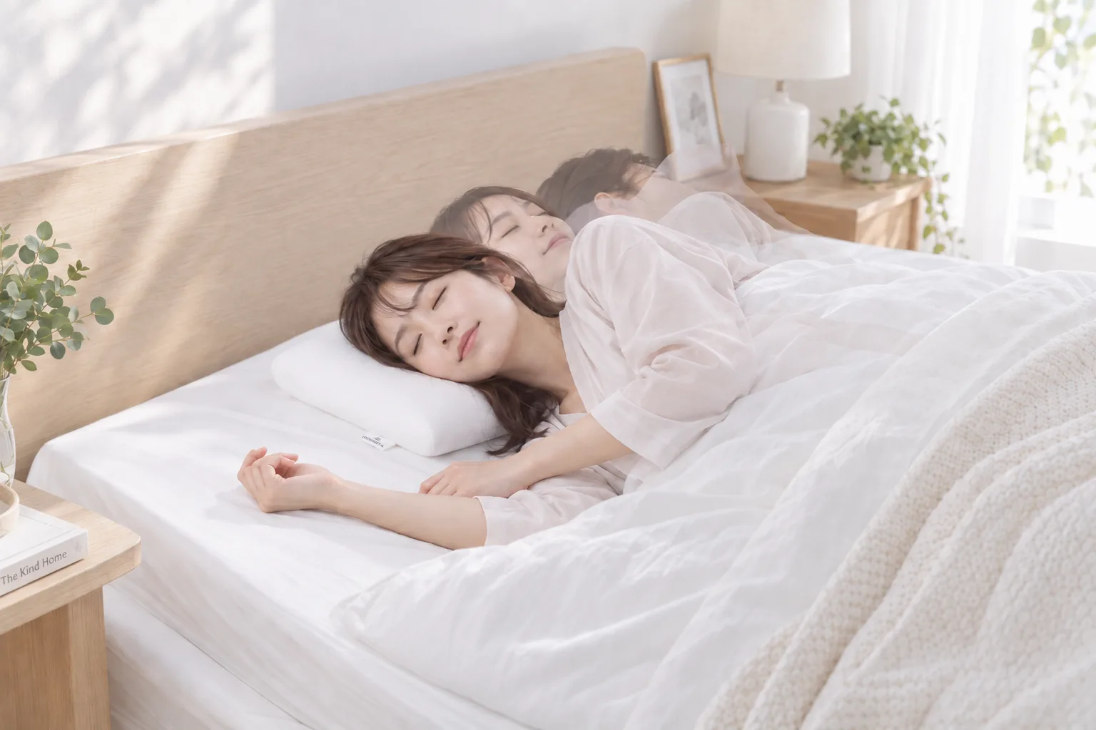 女性が仰向けから横向きへ寝返りする合成イメージ