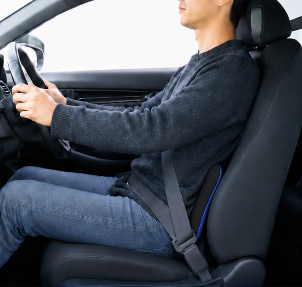 ドクターエルCCを車のシートに立てて腰当てとして使用している様子